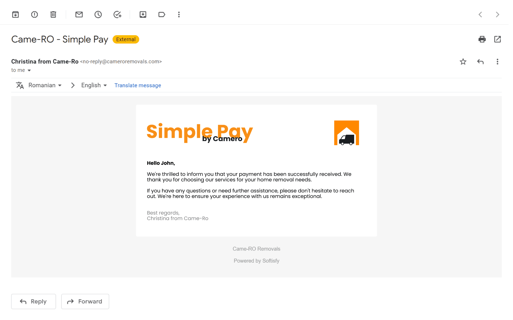 Came-RO Simple pay - Payment confirmation